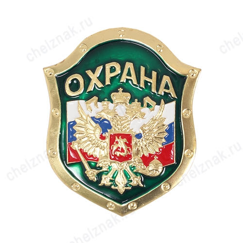 Нагрудный знак Охрана, орел на флаге РФ, на зеленом фоне