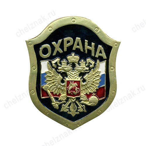 Нагрудный знак Охрана, орел на флаге РФ, на черном фоне