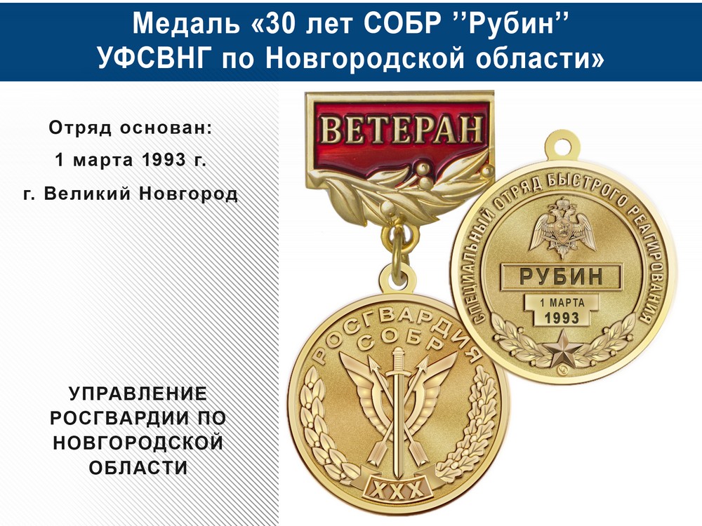 Медаль «30 лет СОБР "Рубин" СОБР УФСВНГ по Новгородской области» с бланком удостоверения, дополнительное фото 0