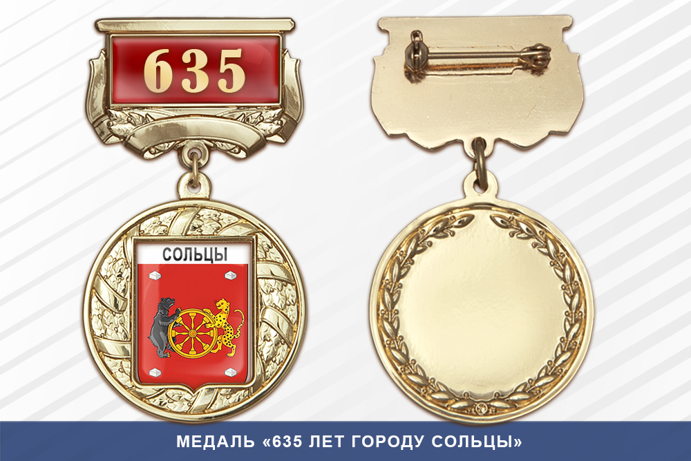 Лицевая сторона награды Медаль «635 лет городу Сольцы» с бланком удостоверения