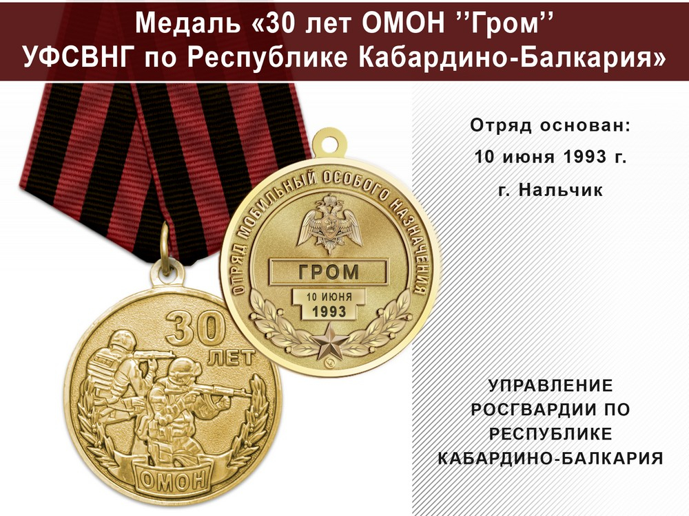 Медаль «30 лет ОМОН "Гром" УФСВНГ по Республике Кабардино-Балкария» с бланком удостоверения