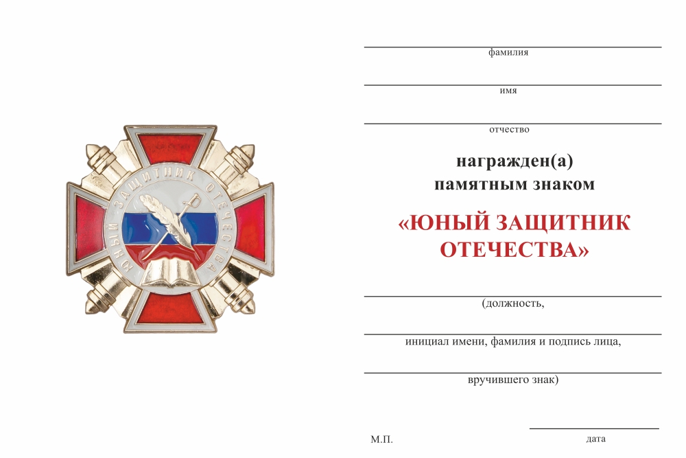 Бланк оборотная сторона Знак «Юный защитник Отечества» с бланком удостоверения