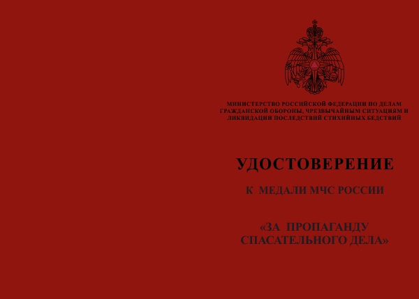 Лицевая сторона награды Медаль «За пропаганду спасательного дела» с бланком удостоверения