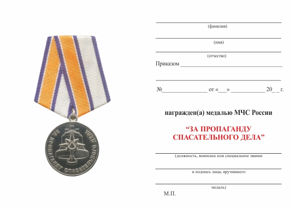 Обратная сторона награды Медаль «За пропаганду спасательного дела» с бланком удостоверения