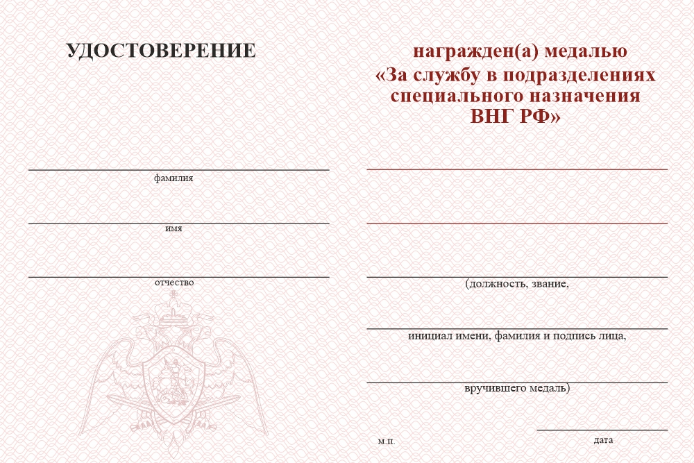 Бланк оборотная сторона Медаль «За службу в подразделениях спецназа Росгвардии» с бланком удостоверения