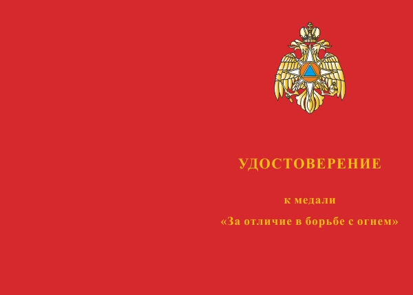 Лицевая сторона награды Медаль «За отличие в борьбе с огнем» с бланком удостоверения
