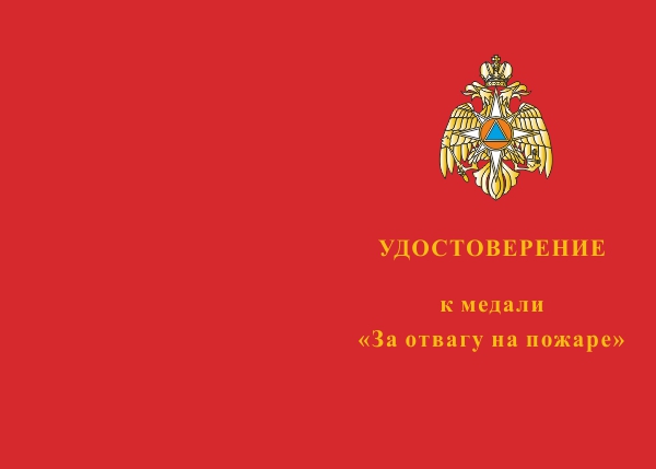 Лицевая сторона награды Медаль «За отвагу на пожаре» МЧС с бланком удостоверения