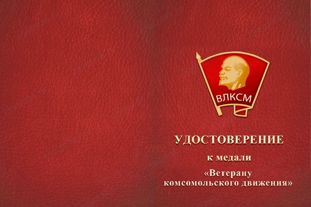 Лицевая сторона награды Медаль «Ветерану комсомольского движения» с бланком удостоверения
