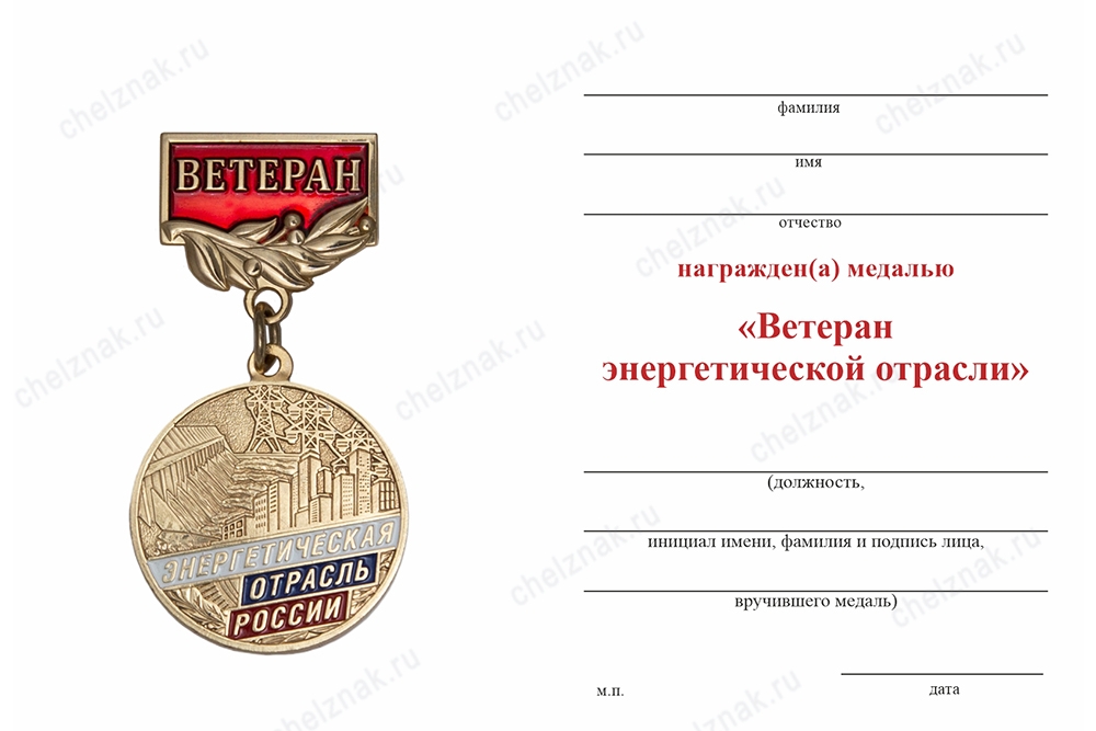 Обратная сторона награды Медаль «Ветеран энергетической отрасли» с бланком удостоверения