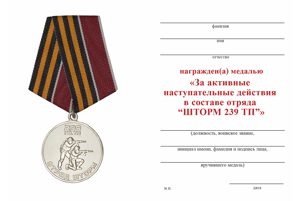 Бланк оборотная сторона Медаль «Отряд "Шторм" 239-й гв. тп»