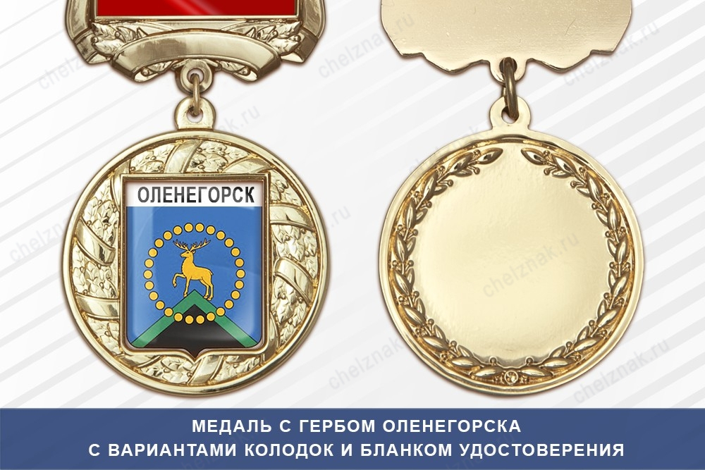 Медаль с гербом города Оленегорска Мурманской области с бланком удостоверения