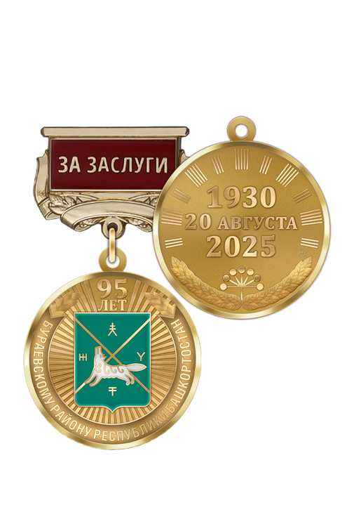 Медаль «95 лет Бураевскому району Республики Башкортостан. За заслуги» с бланком удостоверения