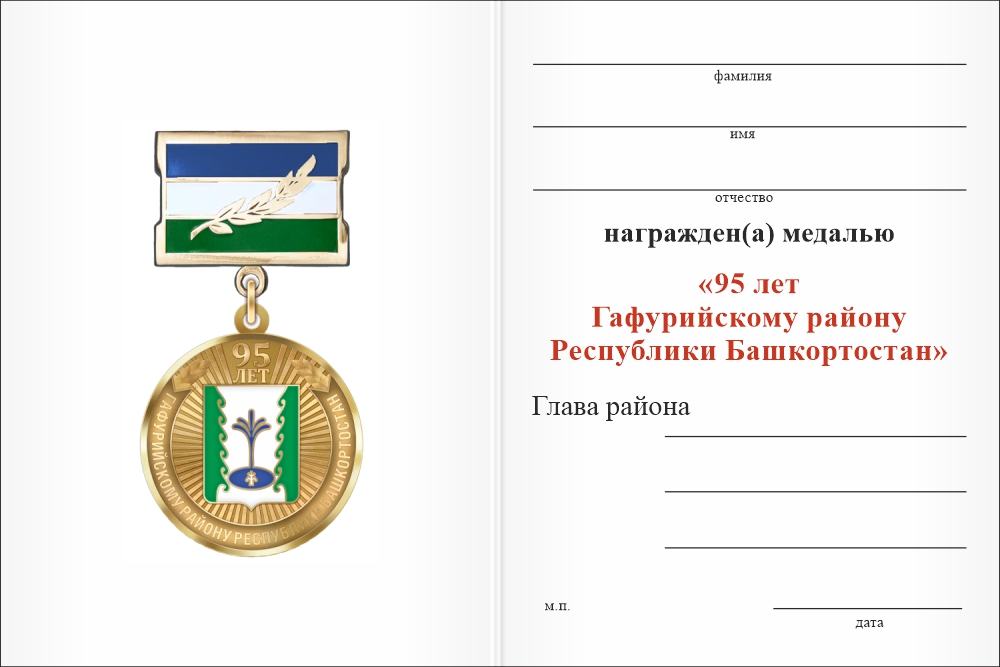 Бланк оборотная сторона Медаль «95 лет Гафурийскому району Республики Башкортостан. За вклад в развитие» с бланком удостоверения