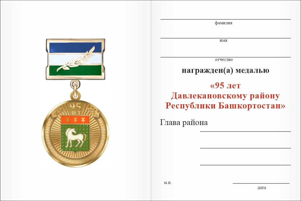 Бланк оборотная сторона Медаль «95 лет Давлекановскому району Республики Башкортостан. За вклад в развитие» с бланком удостоверения