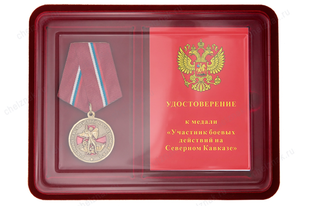 Наградной комплект к медали «Участник боевых действий на Северном Кавказе» с бланком удостоверения
