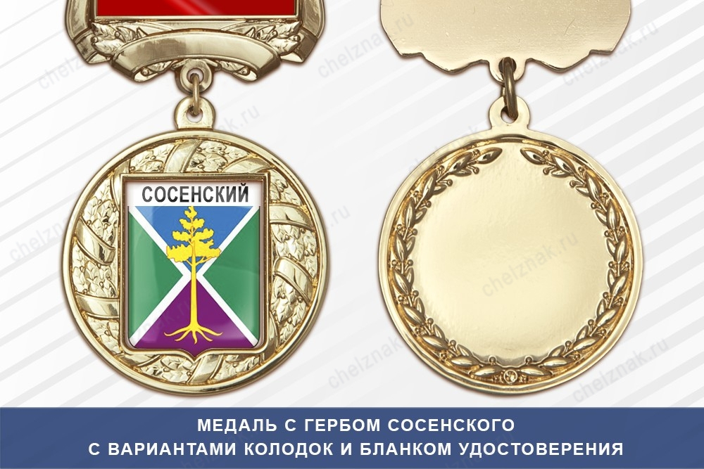 Медаль с гербом города Сосенского Калужской области с бланком удостоверения