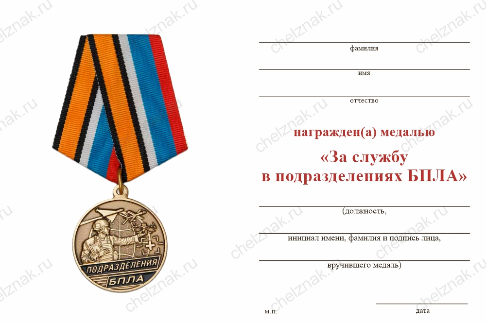 Бланк оборотная сторона Медаль «Подразделения БПЛА. За выполнение боевых и специальных задач» с бланком удостоверения