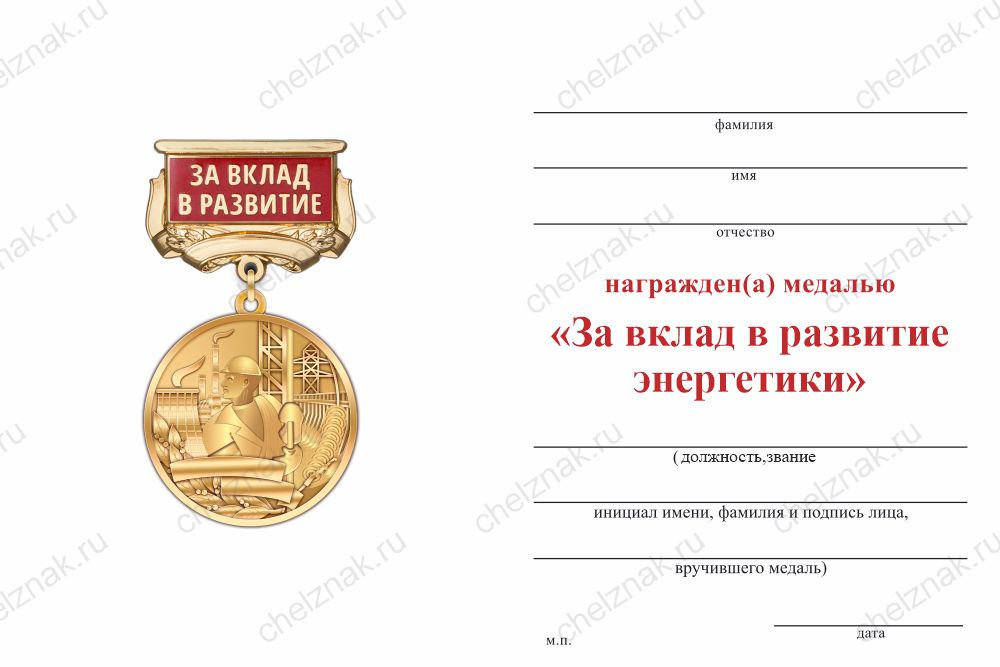Бланк оборотная сторона Медаль «За вклад в развитие энергетики» с индивидуальным текстом и бланком удостоверения