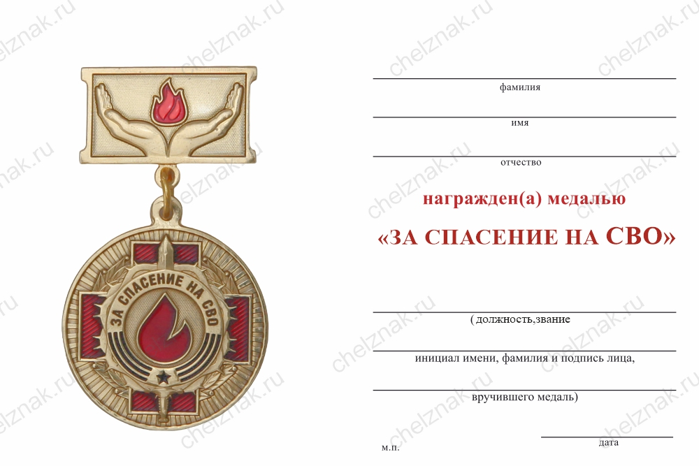 Бланк оборотная сторона Медаль на квадроколодке «За спасение на СВО» с бланком удостоверения
