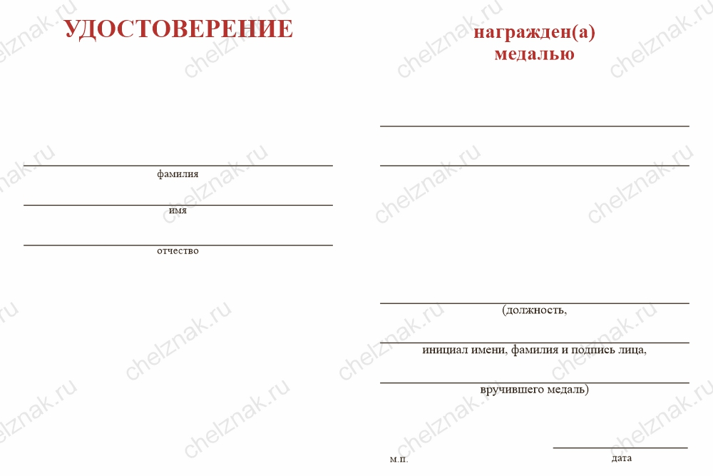 Бланк оборотная сторона Медаль «Профессионально-техническое образование» с бланком удостоверения