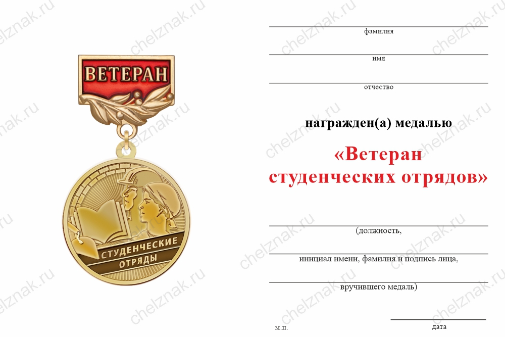 Бланк оборотная сторона Медаль «Ветеран студенческих строительных отрядов» с бланком удостоверения