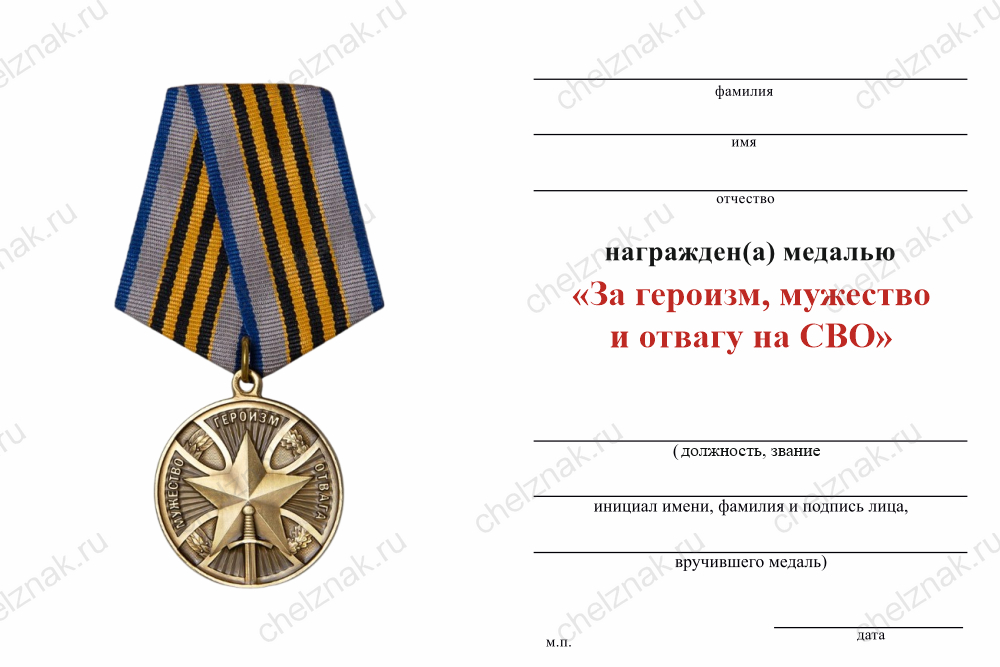 Бланк оборотная сторона Медаль «За героизм, мужество и отвагу на СВО» с бланком удостоверения