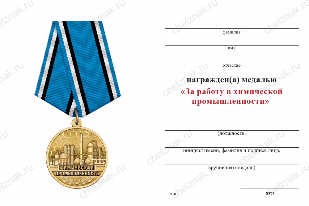 Бланк оборотная сторона Медаль «За работу в химической промышленности» с бланком удостоверения