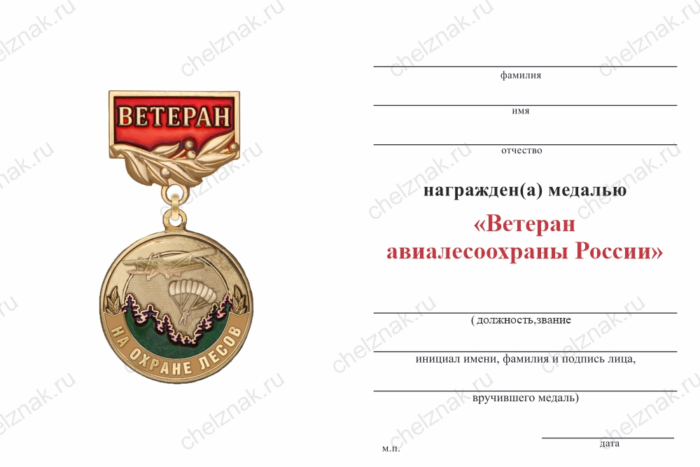 Бланк оборотная сторона Медаль «Ветеран авиалесоохраны России» с бланком удостоверения
