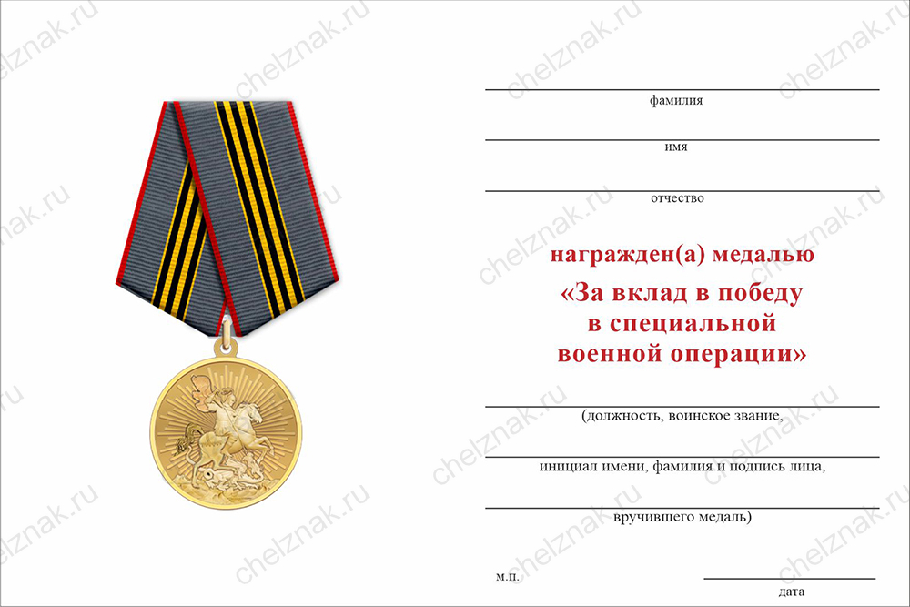 Бланк оборотная сторона Медаль «За вклад в победу в спецоперации» с бланком удостоверения