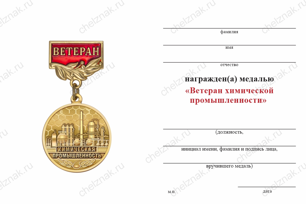 Бланк оборотная сторона Медаль «Ветеран химической промышленности» с бланком удостоверения