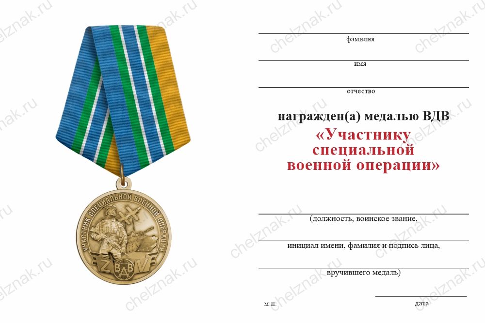 Бланк оборотная сторона Медаль «Участник специальной военной операции ВДВ» с бланком удостоверения