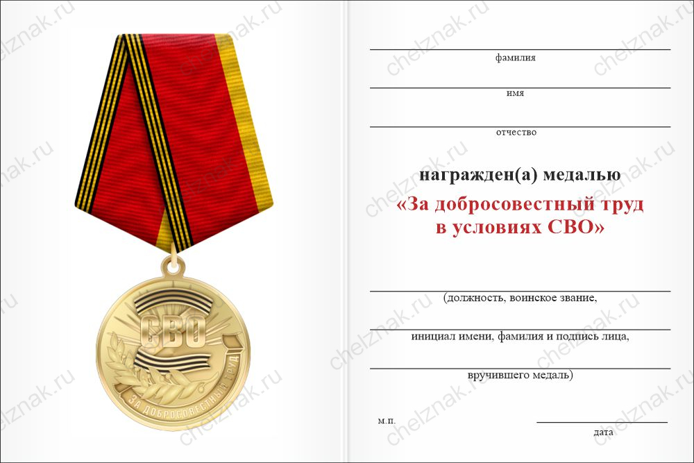 Бланк оборотная сторона Медаль «За добросовестный труд в условиях СВО» с бланком удостоверения