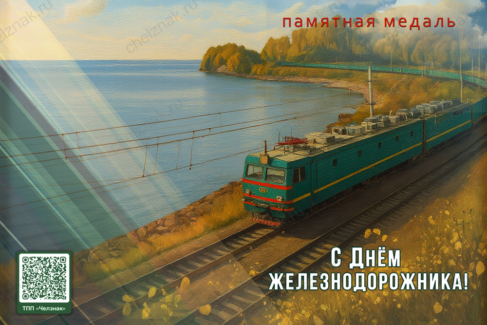 Поздравительная открытка с медалью «С Днём железнодорожника», дополнительное фото 1