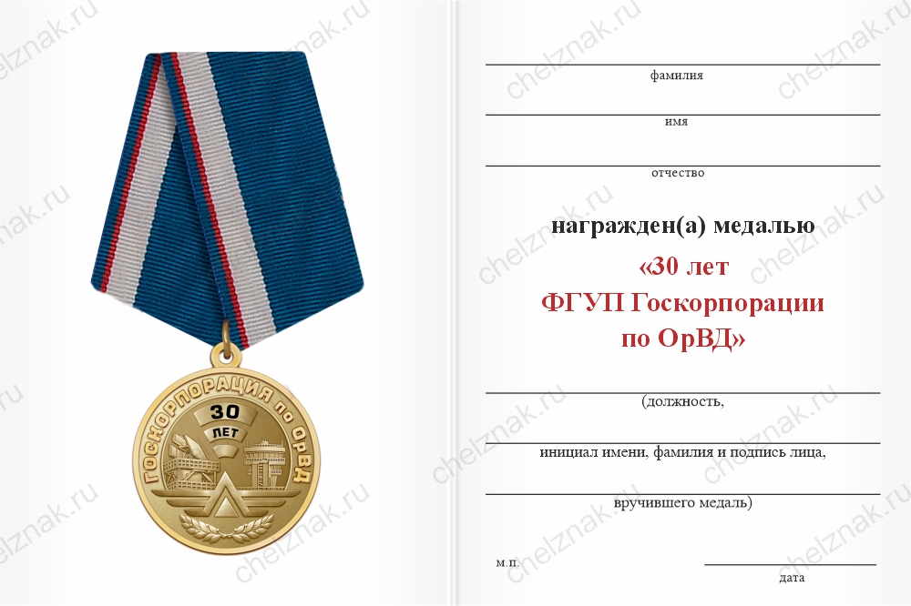Бланк оборотная сторона Медаль «30 лет ФГУП "Госкорпорация по ОрВД"» с бланком удостоверения