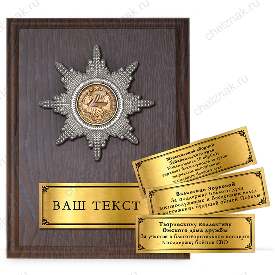 Лицевая сторона награды Наградная плакетка «Артисту Zа содействие СВО»
