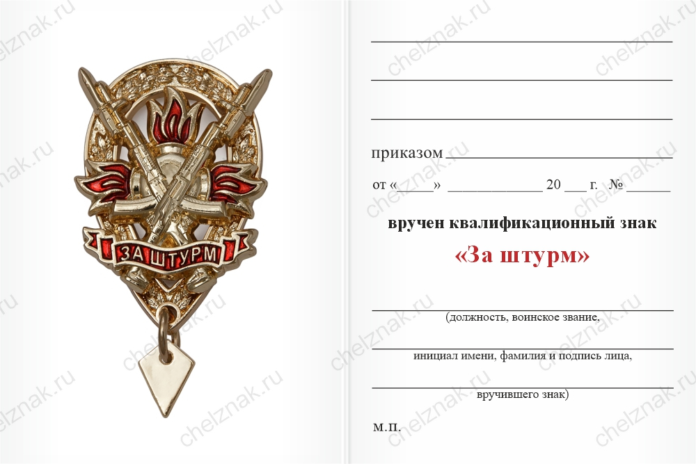 Бланк оборотная сторона Знак квалификационный «За штурм» с бланком удостоверения