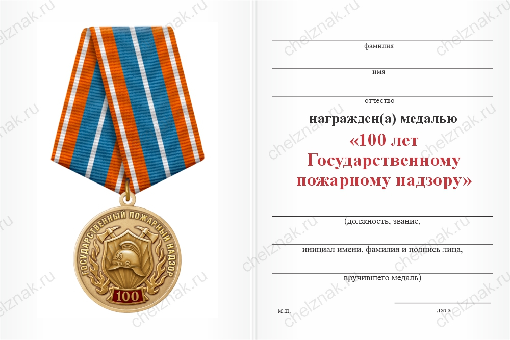 Бланк оборотная сторона Медаль «100 лет Государственному пожарному надзору» с бланком удостоверения