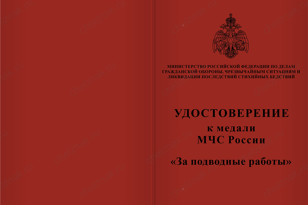 Бланк лицевая сторона Медаль МЧС «За подводные работы» с бланком удостоверения