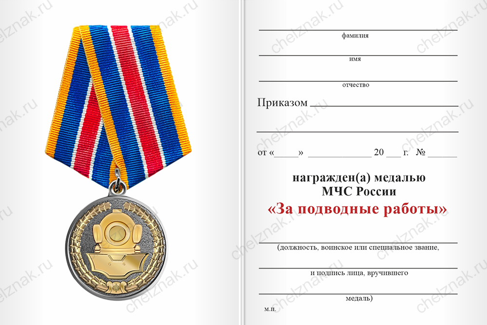 Бланк оборотная сторона Медаль МЧС «За подводные работы» с бланком удостоверения