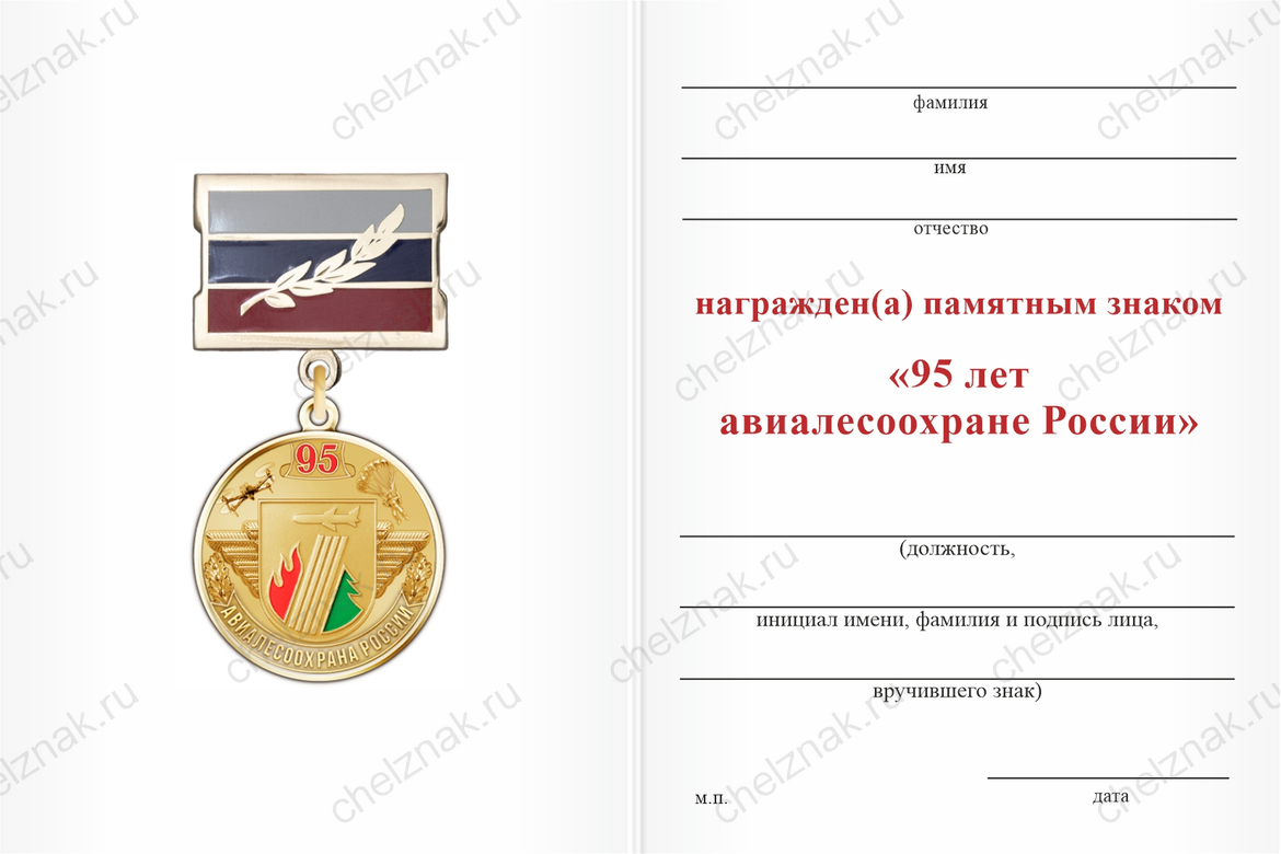 Бланк оборотная сторона Памятный знак «95 лет АвиаЛесоОхране» с бланком удостоверения