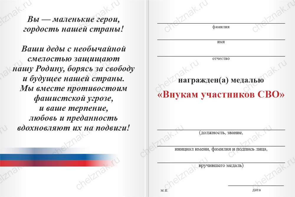 Бланк оборотная сторона Медаль «Внукам участников СВО» с бланком удостоверения