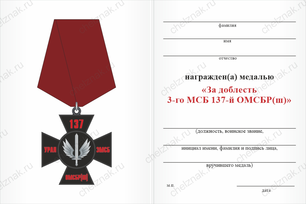Бланк оборотная сторона Нагрудный знак «За доблесть 3-го МСБ 137-й ОМСБр(ш)» с бланком удостоверения