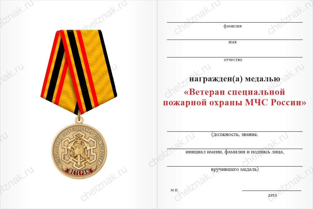 Бланк оборотная сторона Медаль «Ветеран специальной пожарной охраны МЧС России» с бланком удостоверения