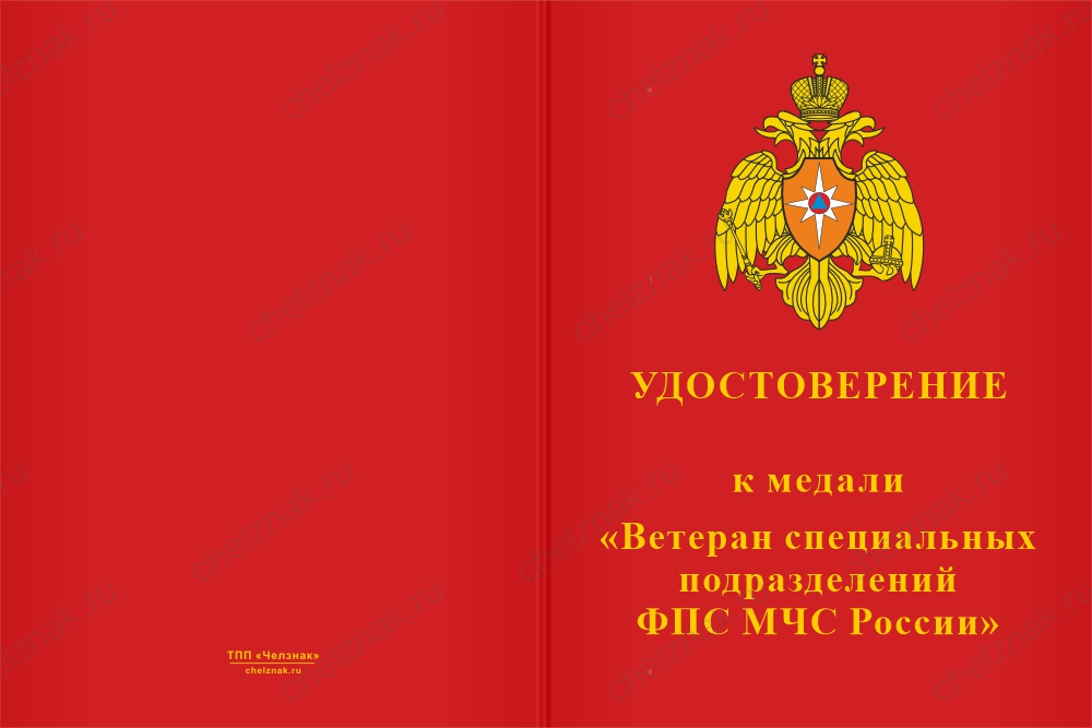 Бланк лицевая сторона Медаль «Ветеран специальных подразделений ФПС МЧС России» с бланком удостоверения