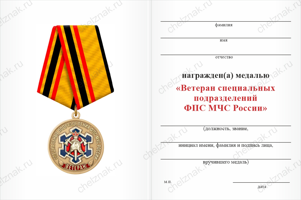 Бланк оборотная сторона Медаль «Ветеран специальных подразделений ФПС МЧС России» с бланком удостоверения