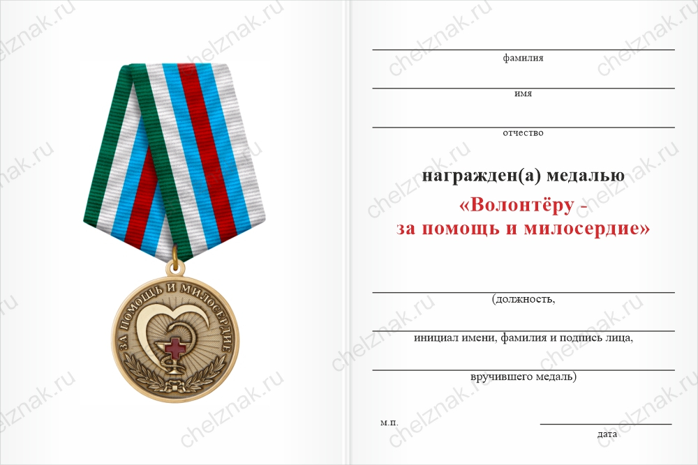 Бланк оборотная сторона Медаль «Волонтёру - за помощь и милосердие» с бланком удостоверения