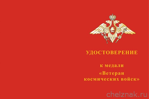 Лицевая сторона награды Медаль «Ветеран космических войск» с бланком удостоверения