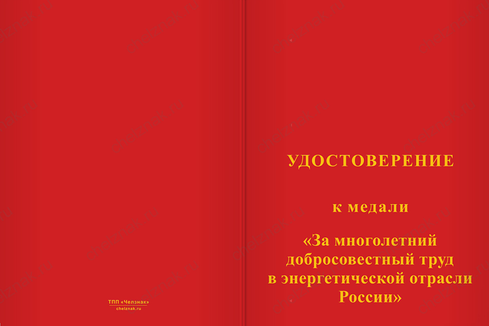 Бланк лицевая сторона Медаль «За многолетний добросовестный труд в энергетической отрасли» с бланком удостоверения