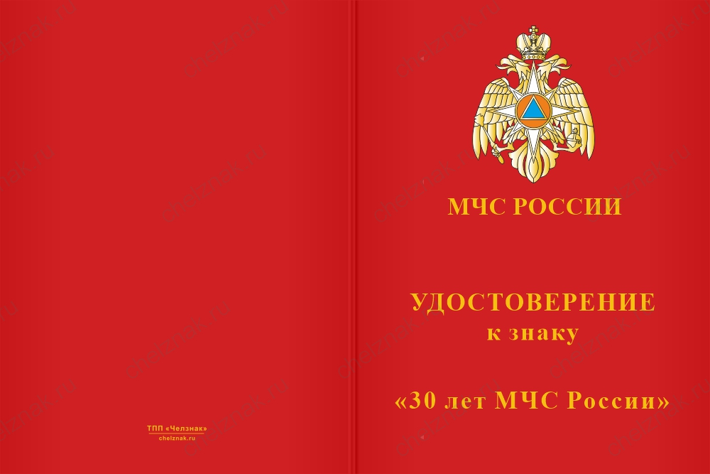 Бланк лицевая сторона Знак «30 лет МЧС России» с бланком удостоверения
