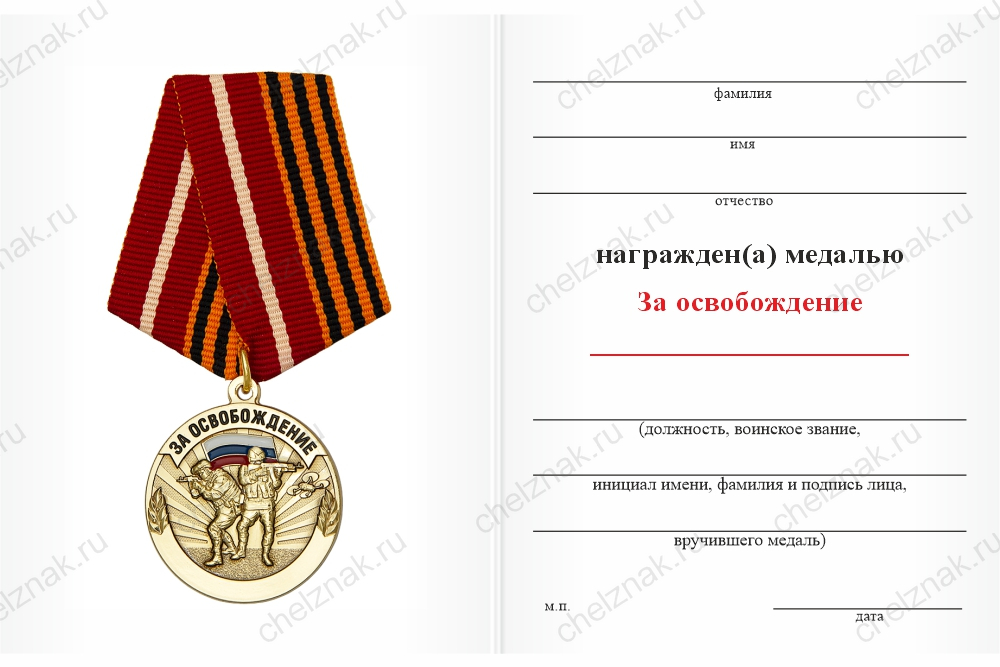 Бланк оборотная сторона Медаль «За освобождение городов на СВО» с бланком удостоверения